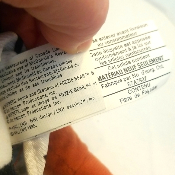 Vintage 1995 McDonald's The Muppets NHL Goalie Fozzie Plush Toy - Picture 6 of 7